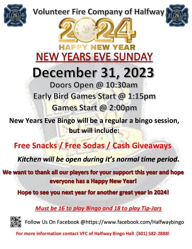 NEW YERS EVE BINGO, Halfway Fire Company Bingo, Hagerstown, December 31
