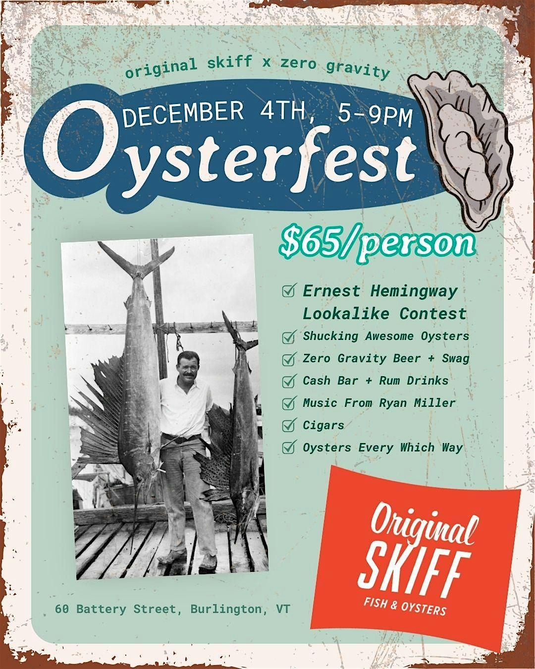 Original Skiff and Zero Gravity Brewing presents 2nd Annual Oysterfest, 4 December | Event in Burlington | AllEvents