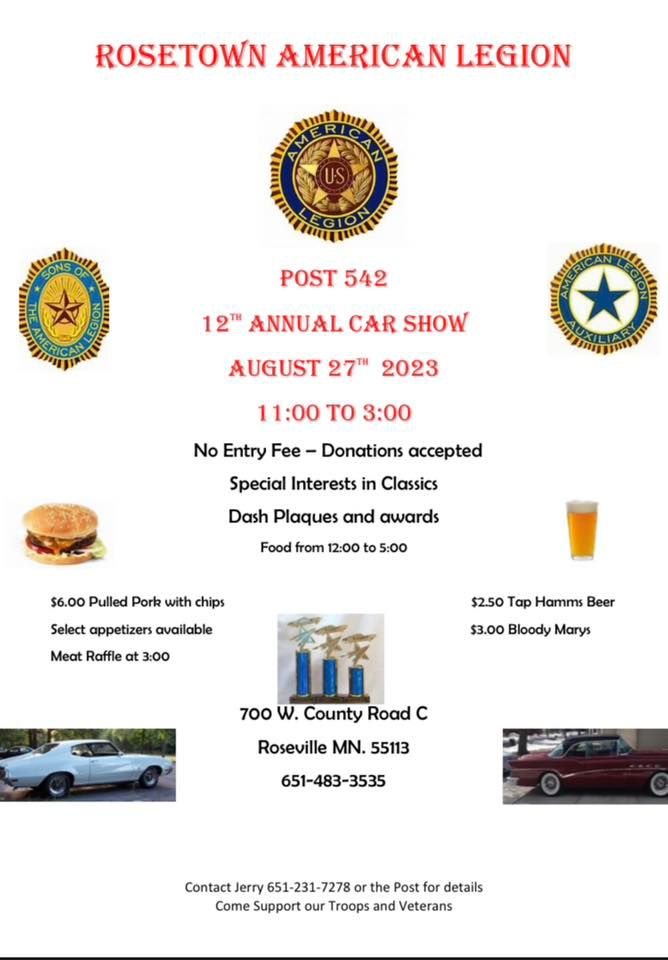 12th annual Legion Car show, 700 County Road C W, Roseville, MN 55113