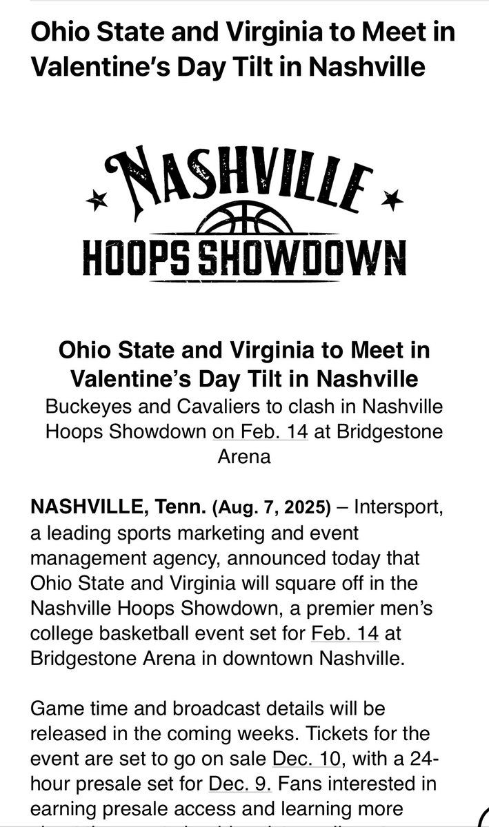 Nashville Hoops Showdown - Virginia Cavaliers vs Ohio State Buckeyes Mens Basketball at Bridgestone Arena, 14 February