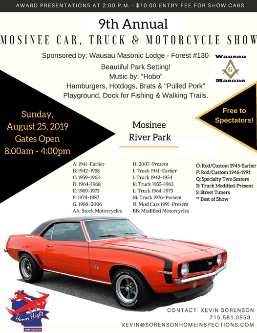 Mosinee Car, Truck & Motorcycle Show, River Park - Mosinee, August 25