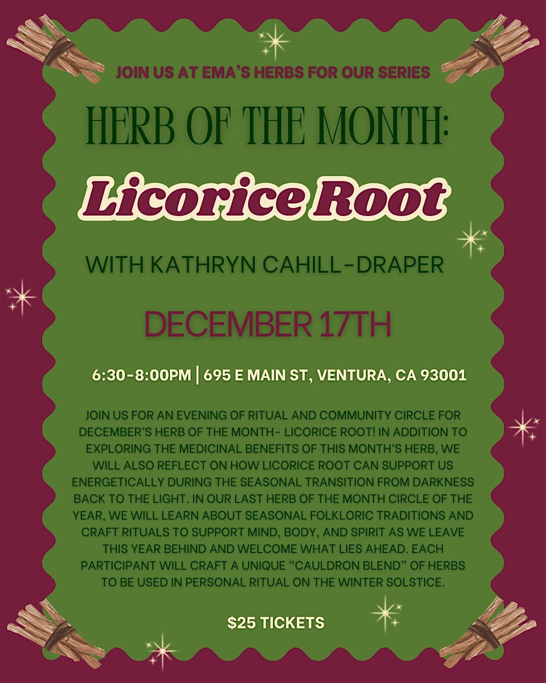 December Herb of the Month: Licorice Root with Kathryn Cahill-Draper, 17 December | Event in Ventura | AllEvents