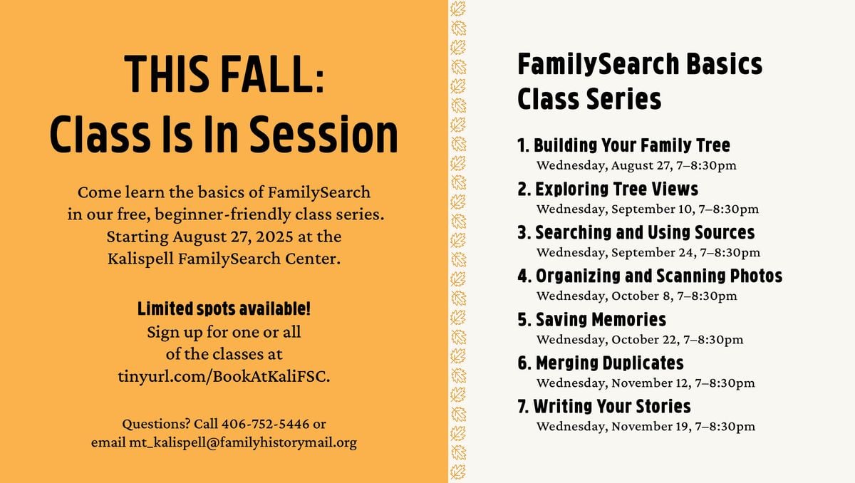 FamilySearch Basics Class Series/Saving Memories, 22 October | Event in Kalispell | AllEvents
