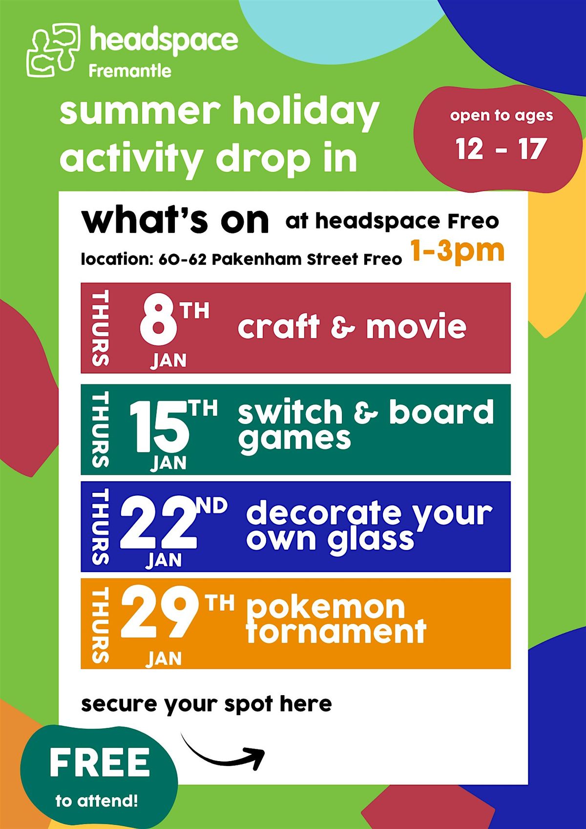Summer holiday youth drop in activities with headspace Freo (ages 12-17), 8 January | Event in Fremantle | AllEvents
