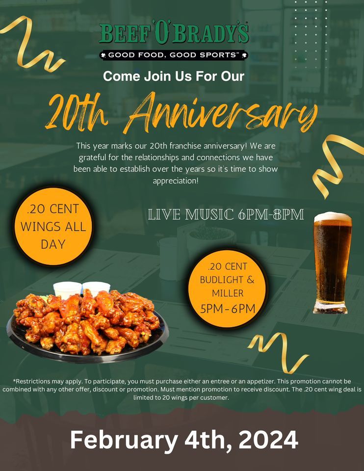 20th Anniversary Celebration!, Beef O' Brady's Davenport, FL, February