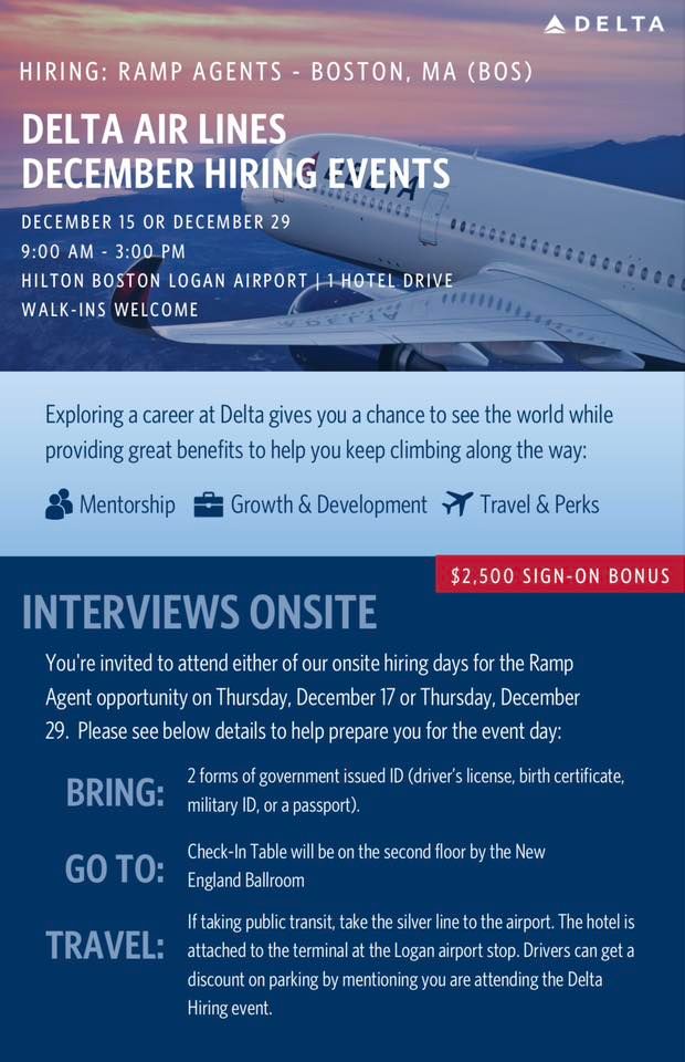 Delta Air Lines Hiring Event Ramp Agent, Hilton Boston Logan Airport