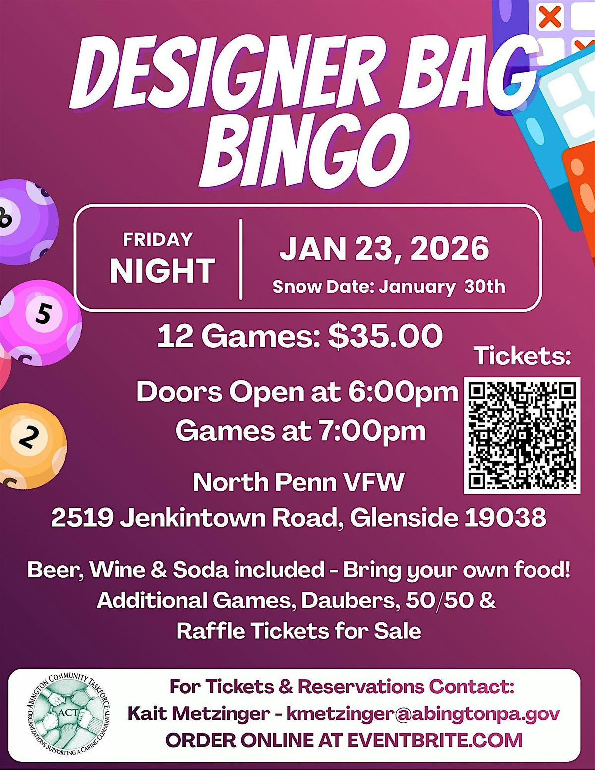 Abington Community Taskforce Designer Bag Bingo, 23 January | Event in Glenside | AllEvents