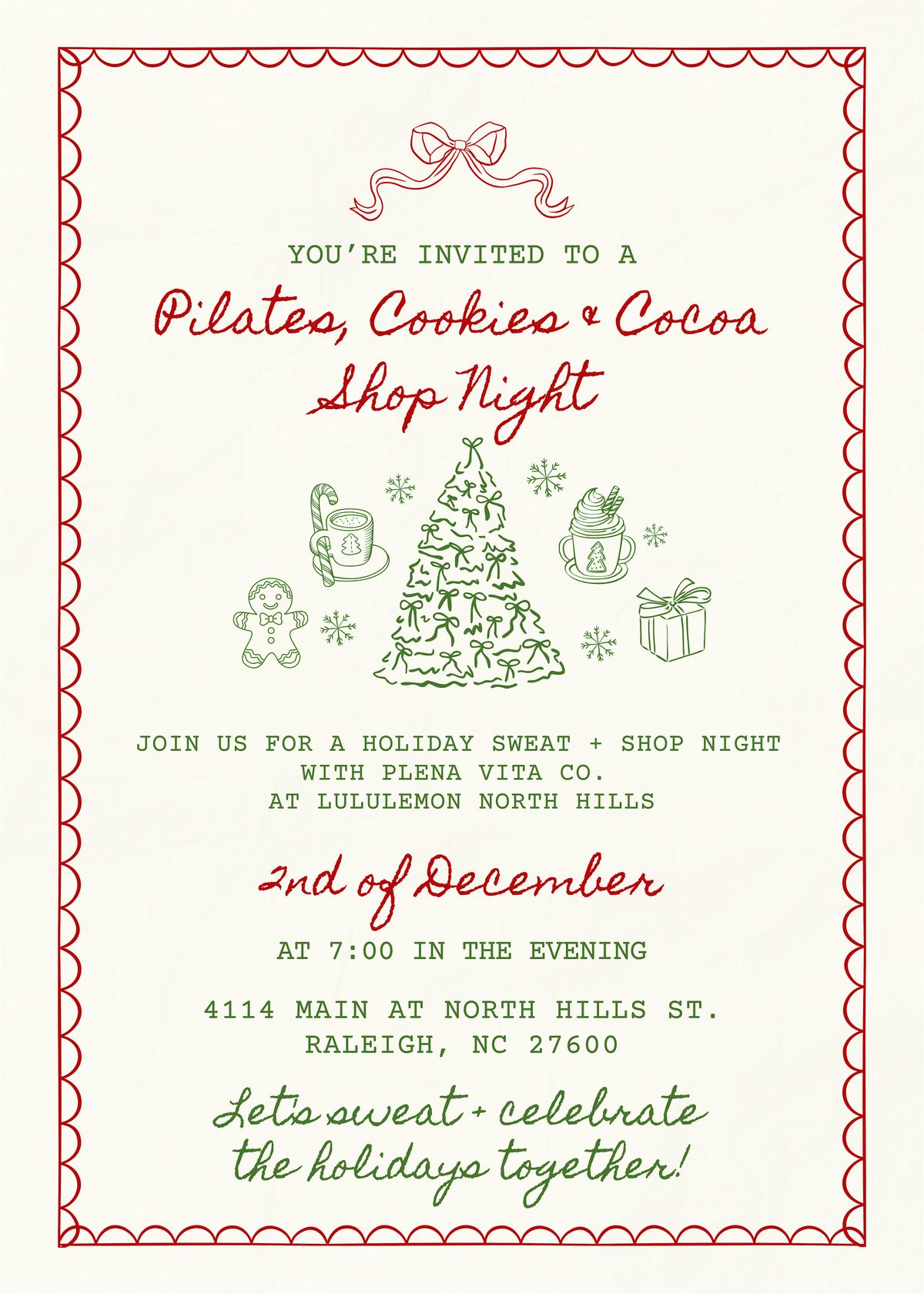 You're Invited to a Pilates, Cookies & Cocoa Shop Night!, 2 December | Event in Raleigh | AllEvents