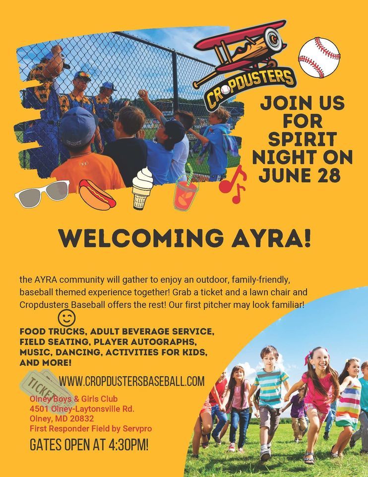 AYRA Spirit Night at Cropdusters Collegiate Baseball , 4501 Olney