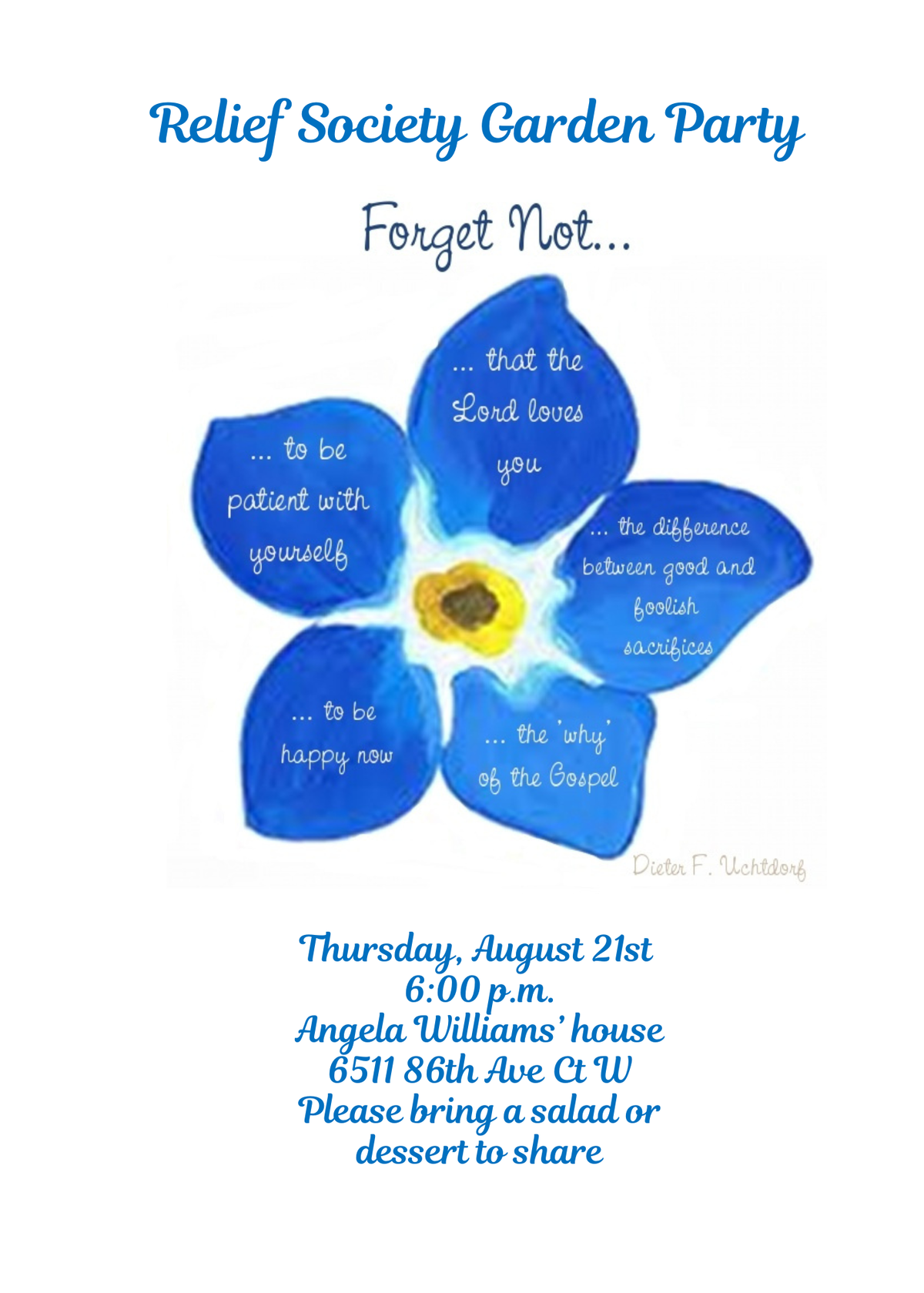 Relief Society Garden Party "Forget Not", 21 August | Event in University Place | AllEvents