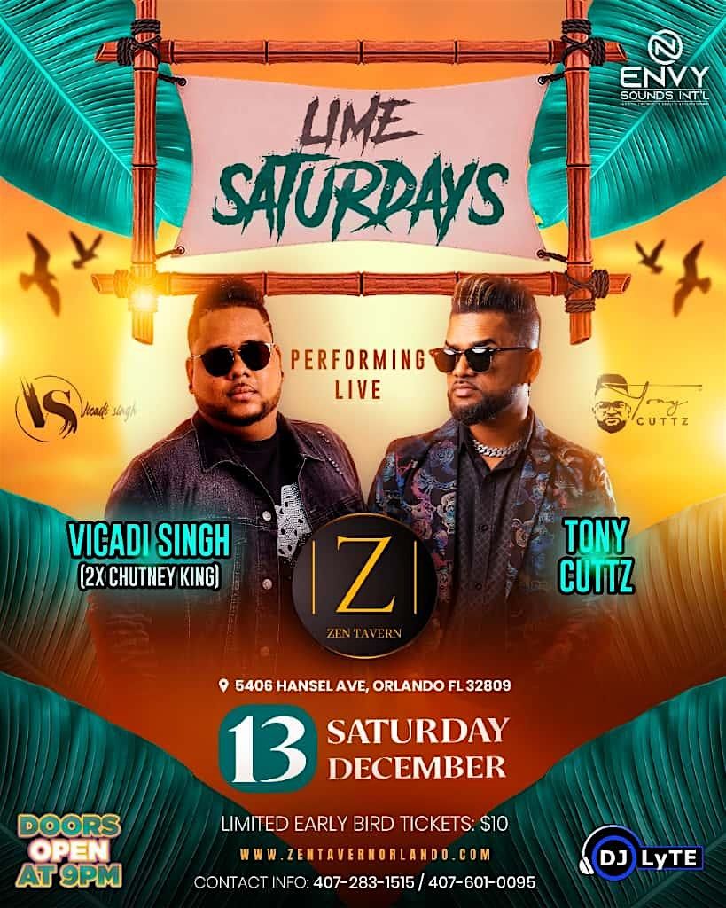 Lime Saturdays with Live Performances by Vicadi Singh and Tony Cuttz, 13 December | Event in Orlando | AllEvents