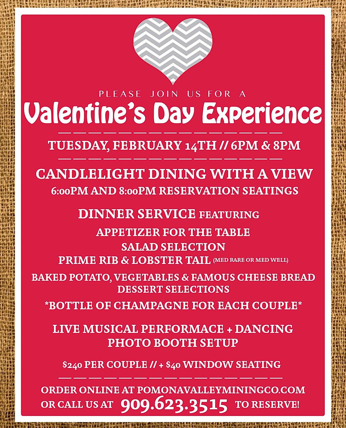 Valentines Day Experience Upstairs Ballroom at Pomona Valley Mining