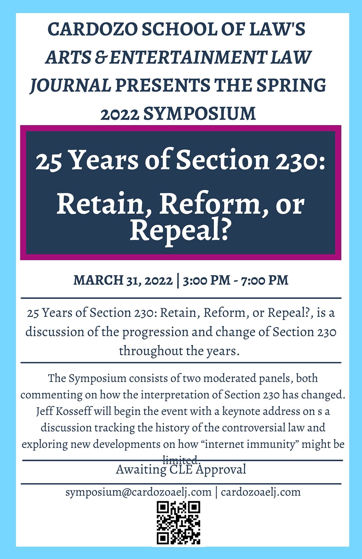 Cardozo Spring 2022 Schedule The Cardozo Arts & Entertainment Law Journal Symposium | Section 230, March  31 2022 | Online Event | Allevents.in