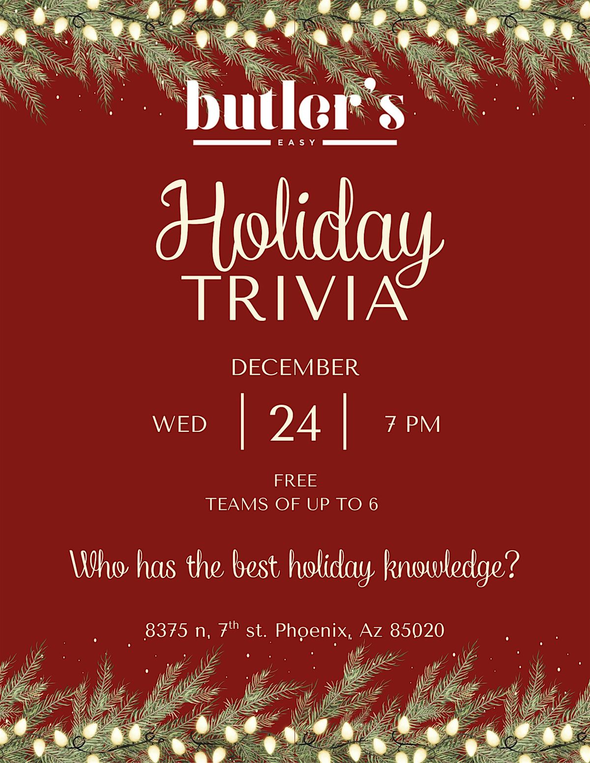 Holiday Trivia at Butler's Easy, 24 December | Event in Phoenix | AllEvents