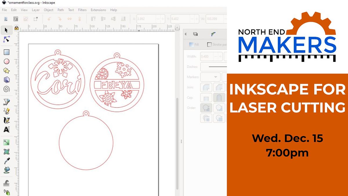 Inkscape for laser cutting - holiday ornaments, North End Makerspace, Seattle, December 15 2021 