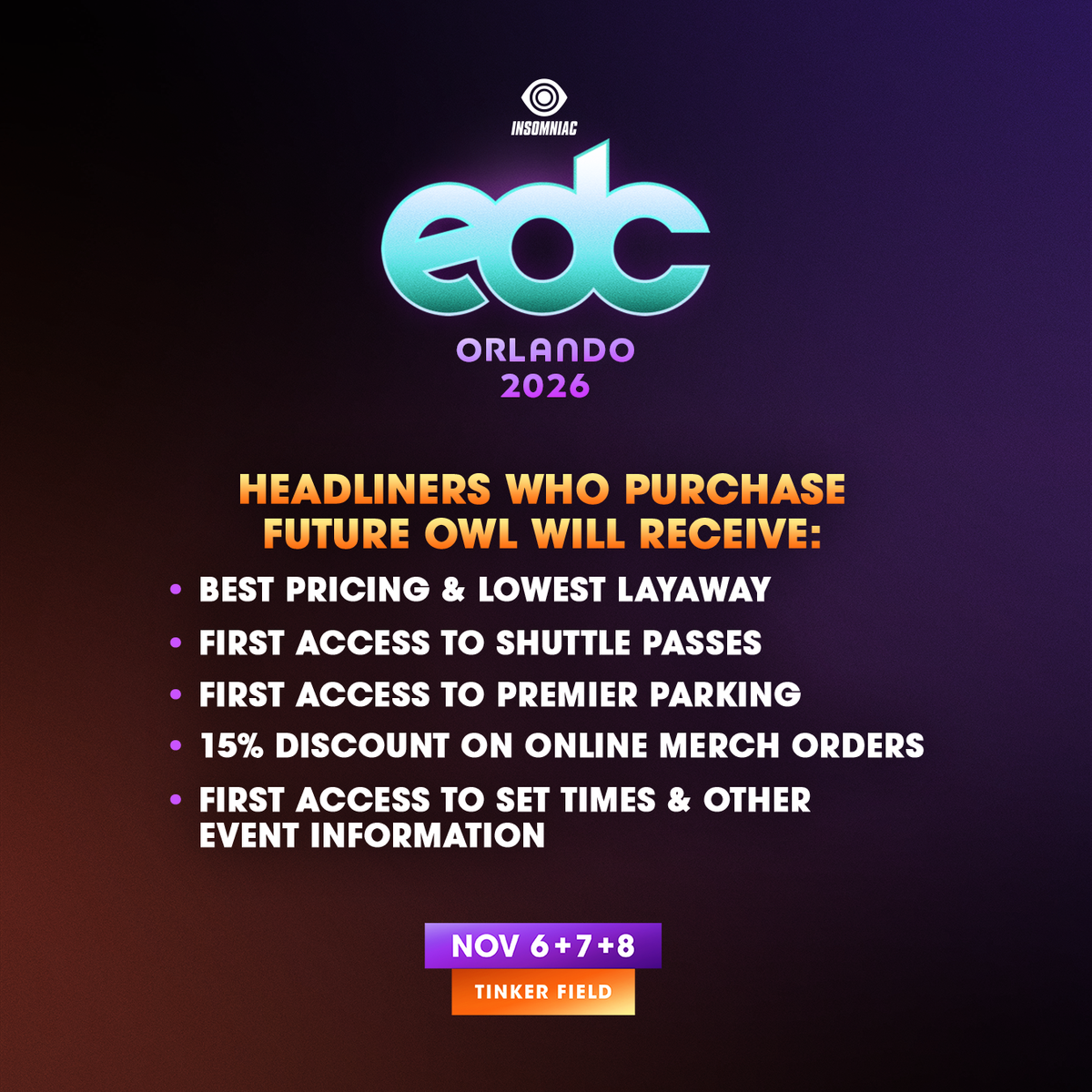 2026 EDC Orlando - 3 Day Pass at Tinker Field, 6 November | Event in Orlando | AllEvents