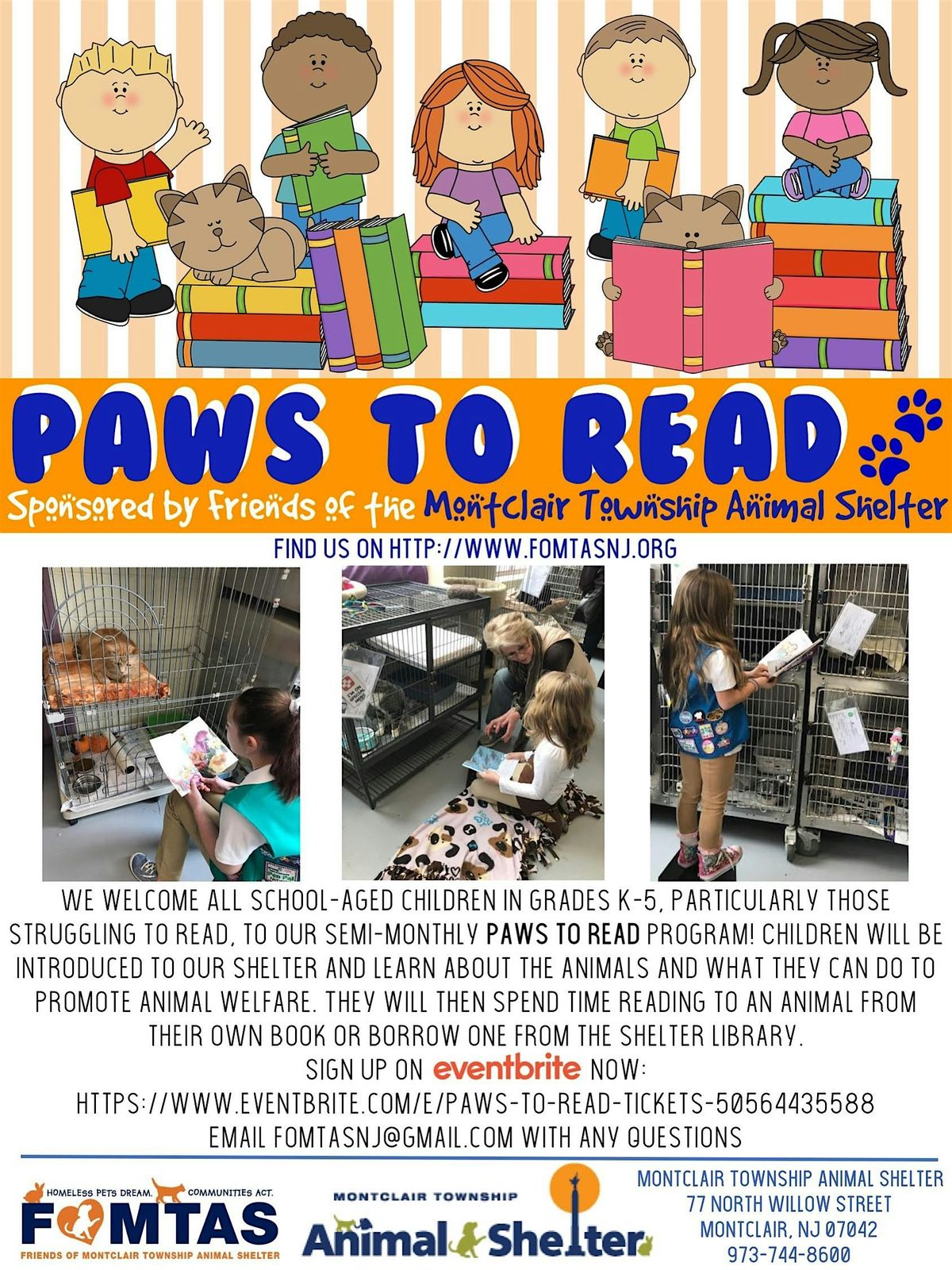 PAWS TO READ, Montclair Township Animal Shelter, 13 January to 18 May