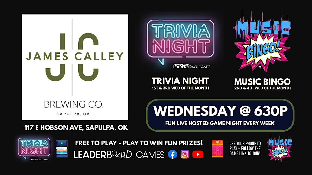 GAME NIGHT - WED 630p James Calley Brewing Sapulpa OK Trivia & Music BINGO
