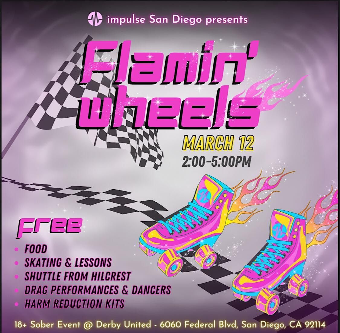 Flamin Wheels FREE 18+ Gay Skate Event Food, Drag, Dancers & More!, Derby United Outdoor