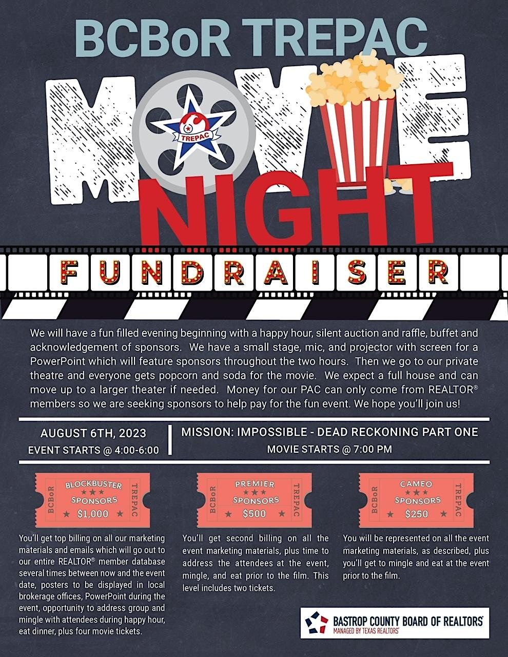 TREPAC Night at the Movies, Film Alley Bastrop, 6 August 2023