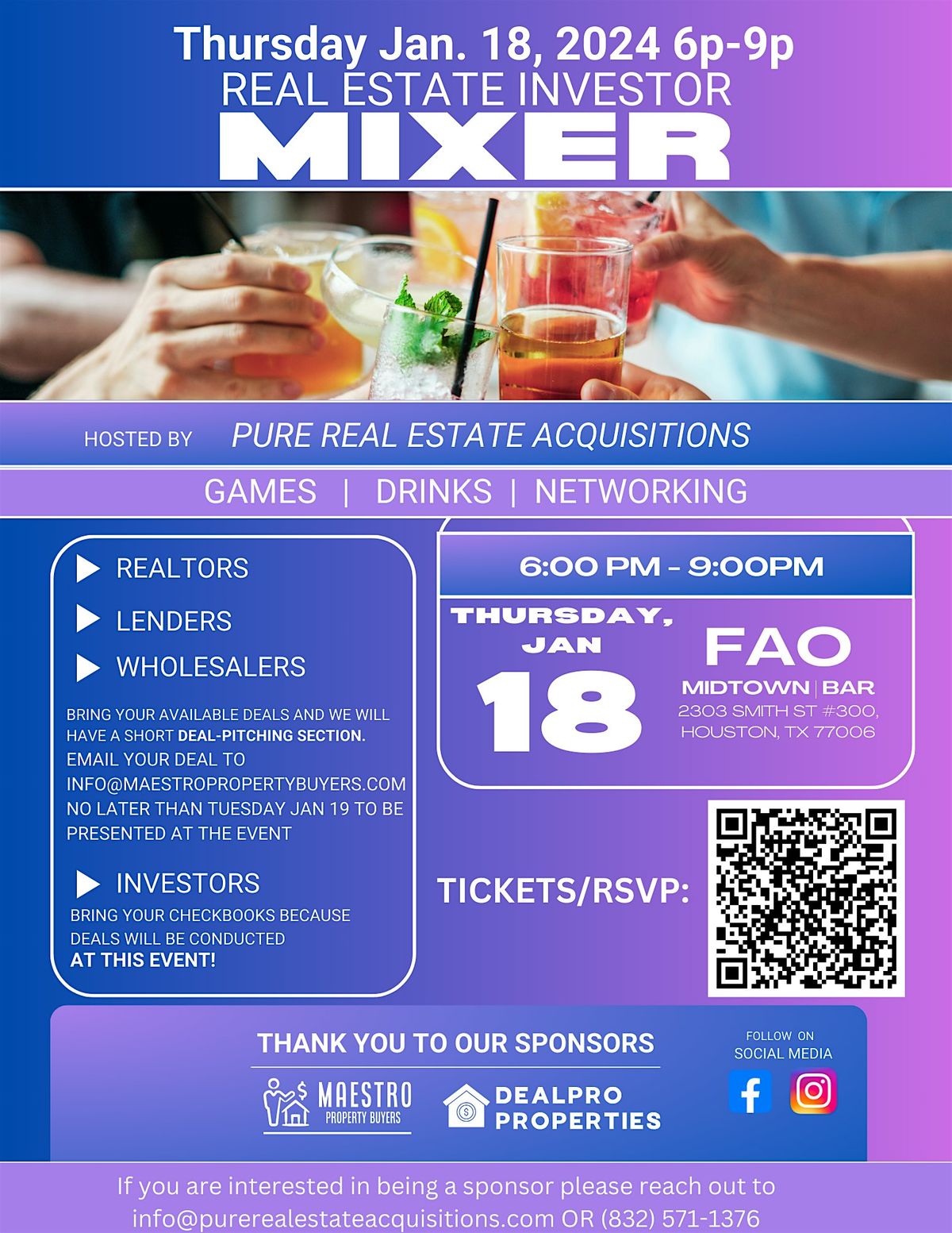 REAL ESTATE INVESTOR MIXER, FAO, 2303 Smith Street 300, Houston, TX