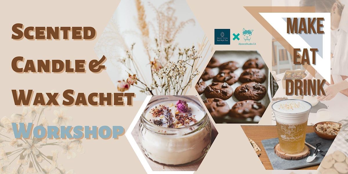 Scented candle and wax sachet with dried flowers and wax decorations