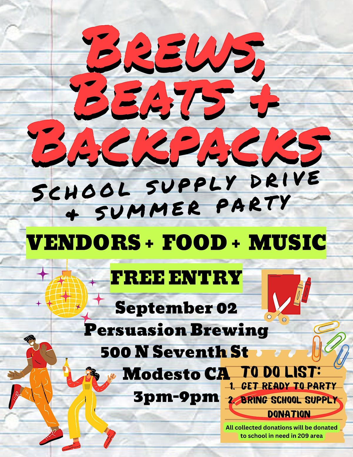 Brews, Beats + Backpacks, Persuasion Brewing, Modesto, September 2 2023