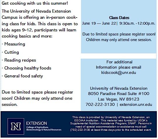 Kids Cook Summer 2023 - June, University of Nevada Cooperative Extension,  Las Vegas, June 19 to June 22 | AllEvents.in