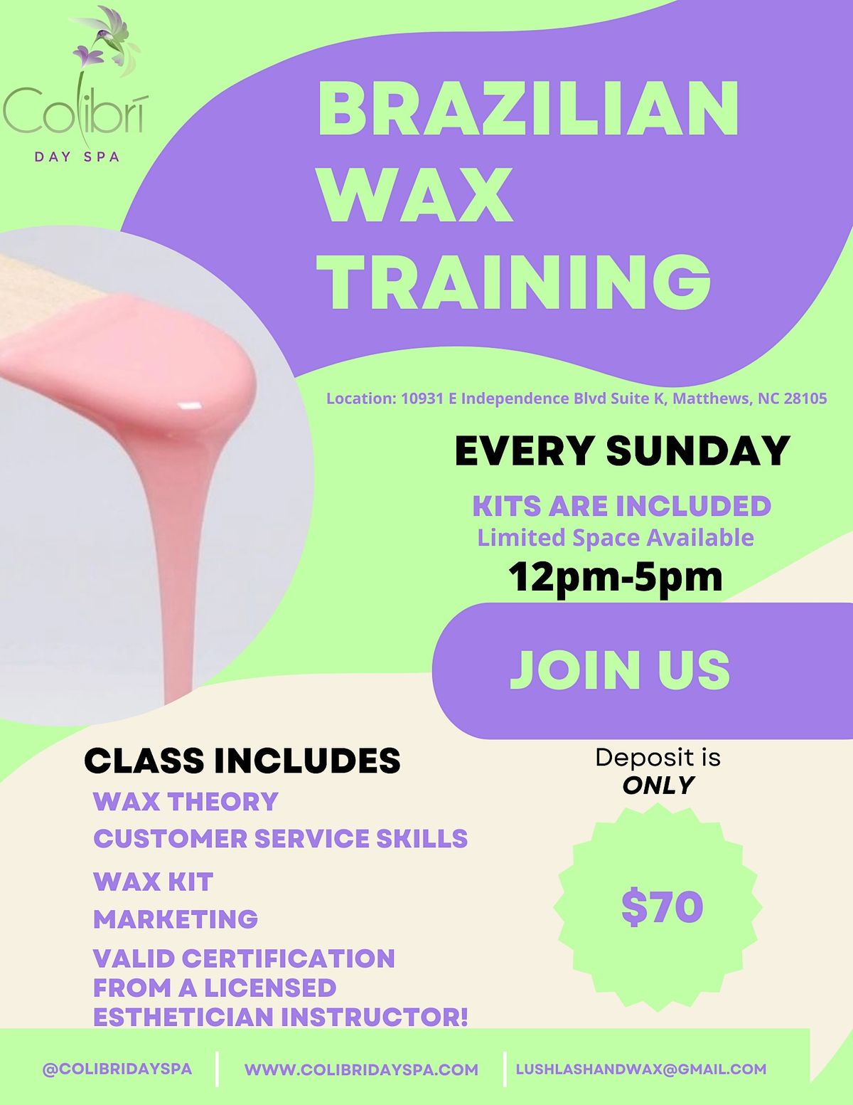 Brazilian Wax Training, Colibri Day Spa, Matthews, 15 January 2023