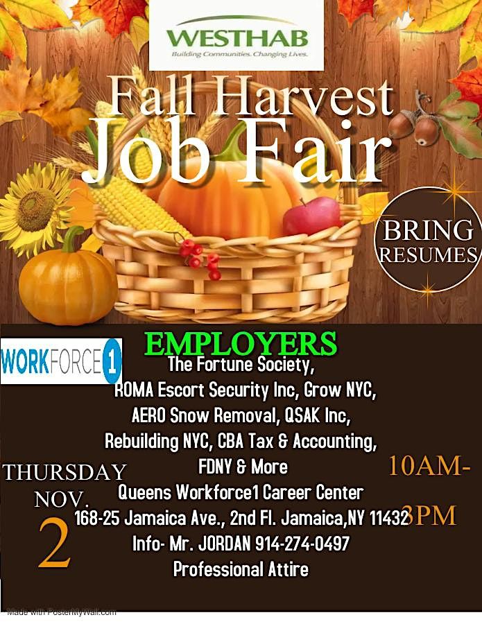 FALL HARVEST JOB FAIR, 16825 Jamaica Ave, Queens, 2 November