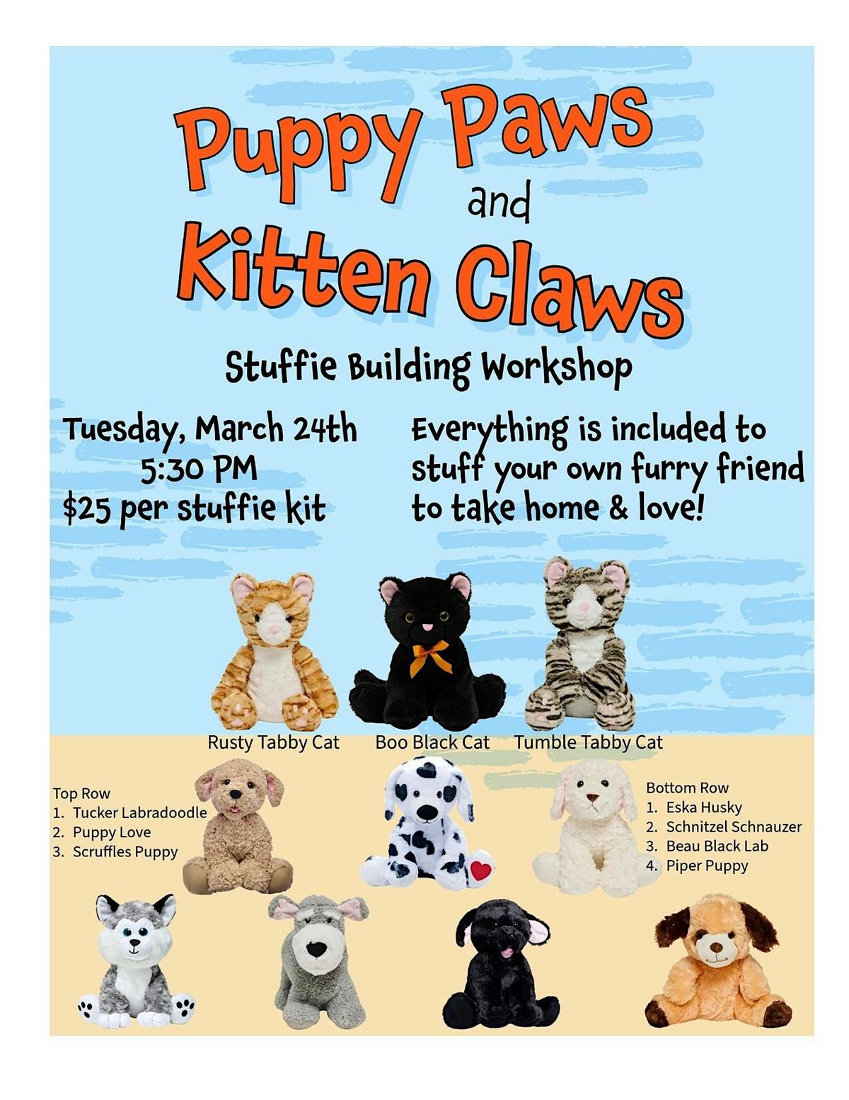 Puppy Paws and Kitten Claws: Stuffie Building Workshop, 24 March | Event in Pottsville | AllEvents