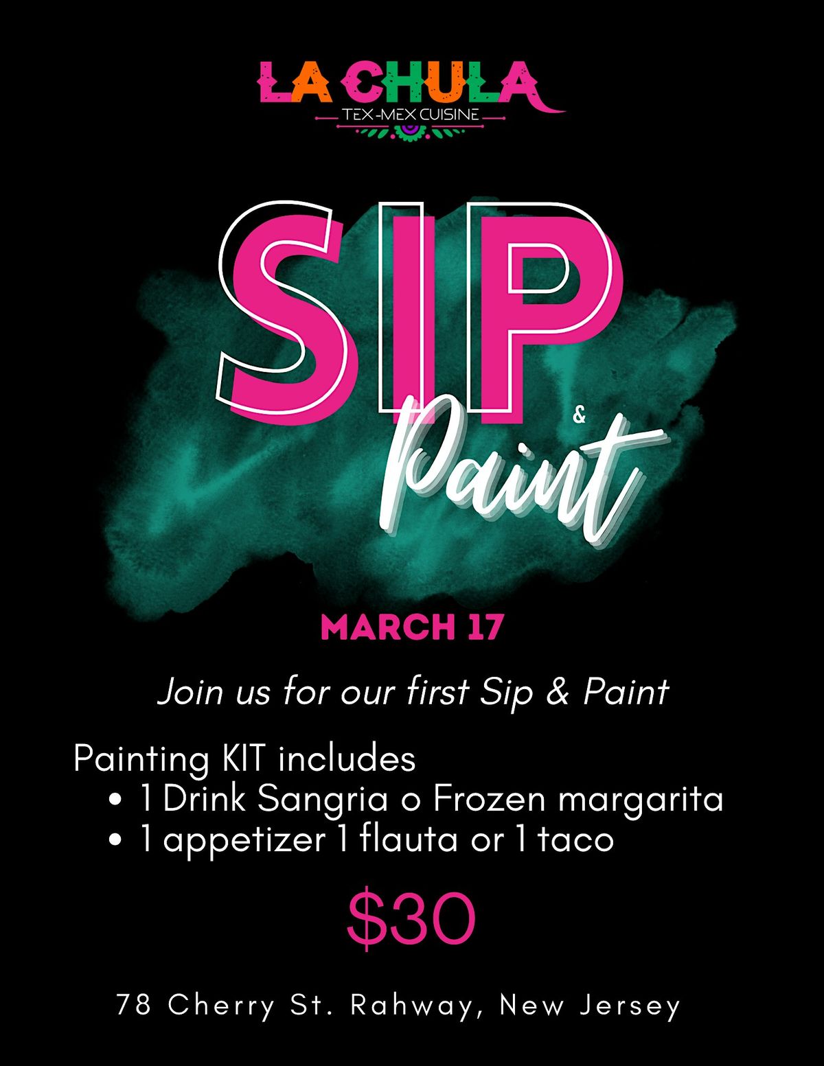 SIP & PAINT, La Chula TexMex, Rahway, 17 March 2024 AllEvents.in