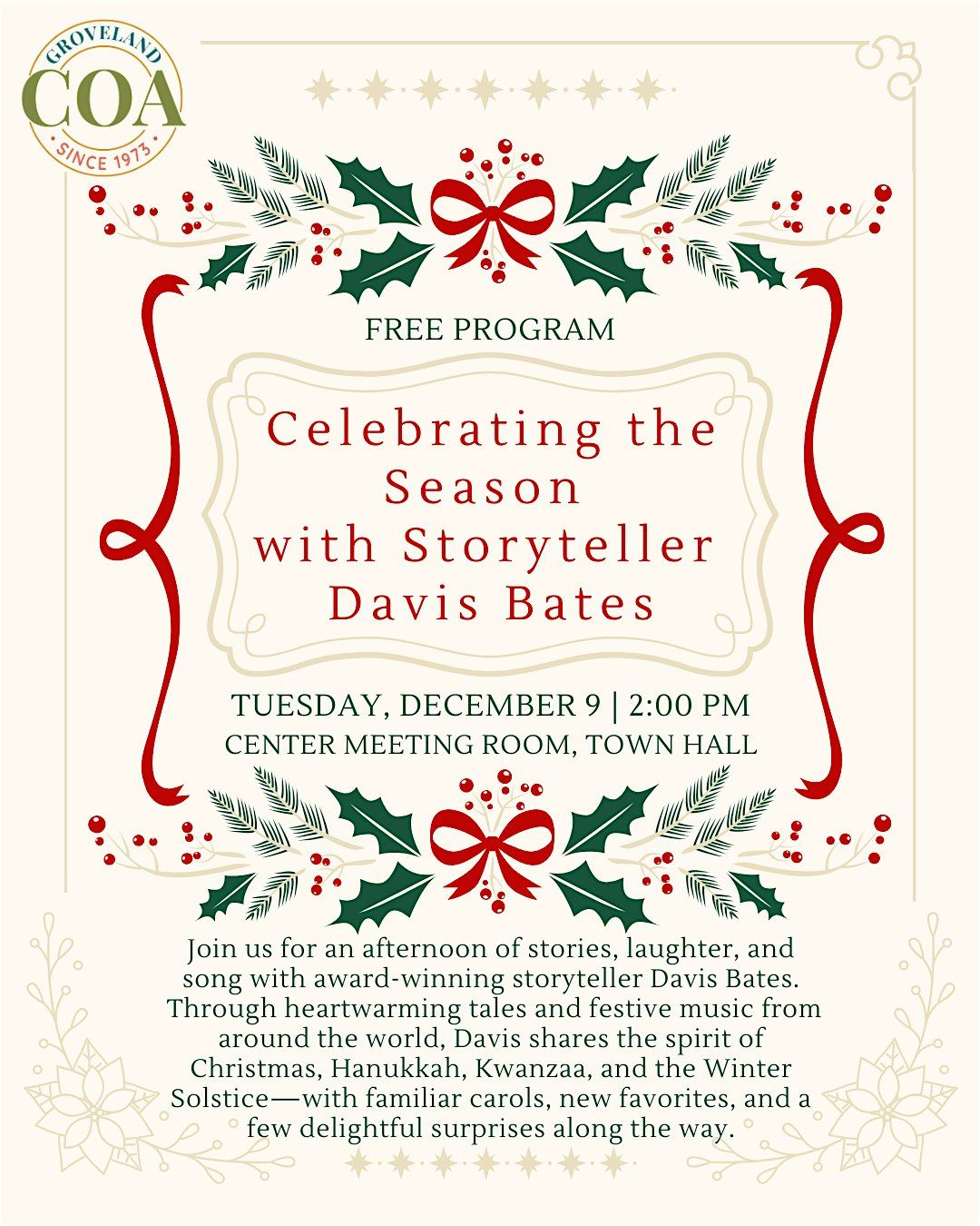 Celebrating the Season with Storyteller Davis Bates, 9 December | Event in Groveland | AllEvents