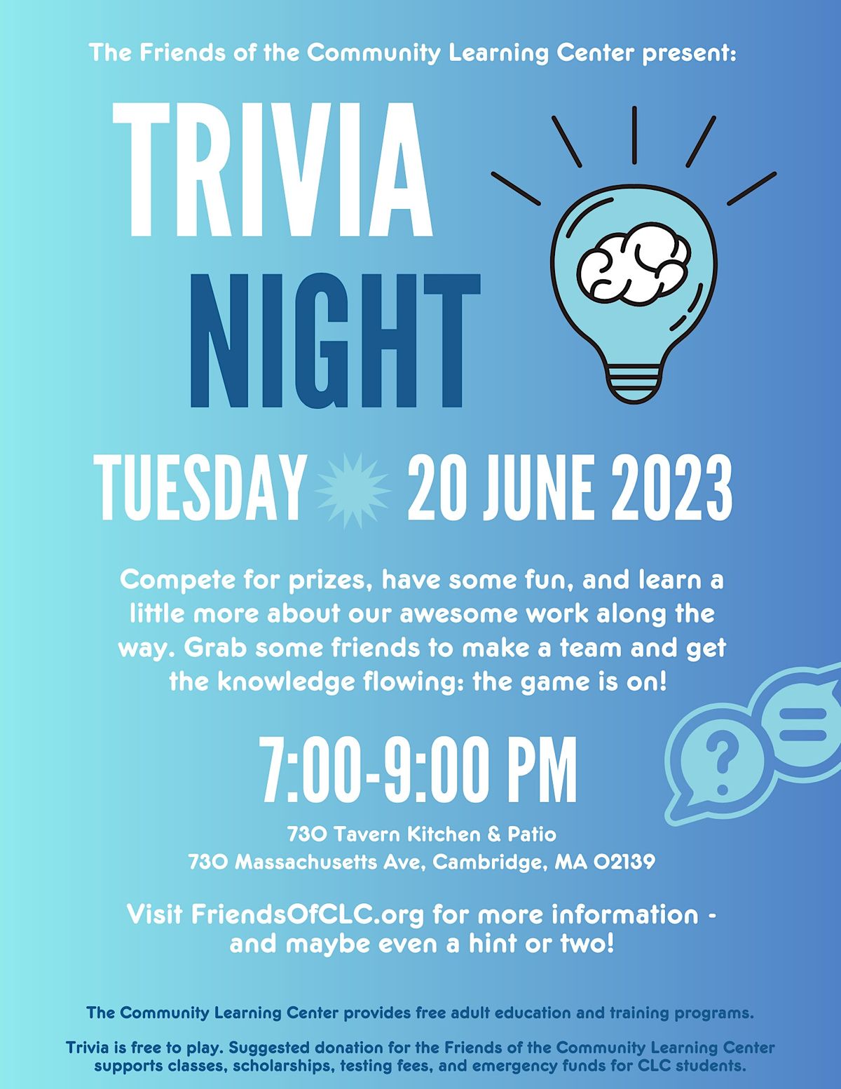 Trivia Night by the Friends of the CLC, 730 Tavern, Kitchen & Patio
