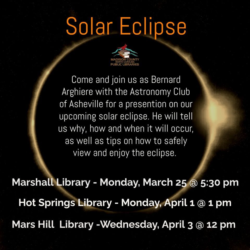 Solar Eclipse Program at the HSL, Hot Springs Library 170 Bridge Street,  Hot Springs NC 28743, 1 April 2024 | AllEvents.in