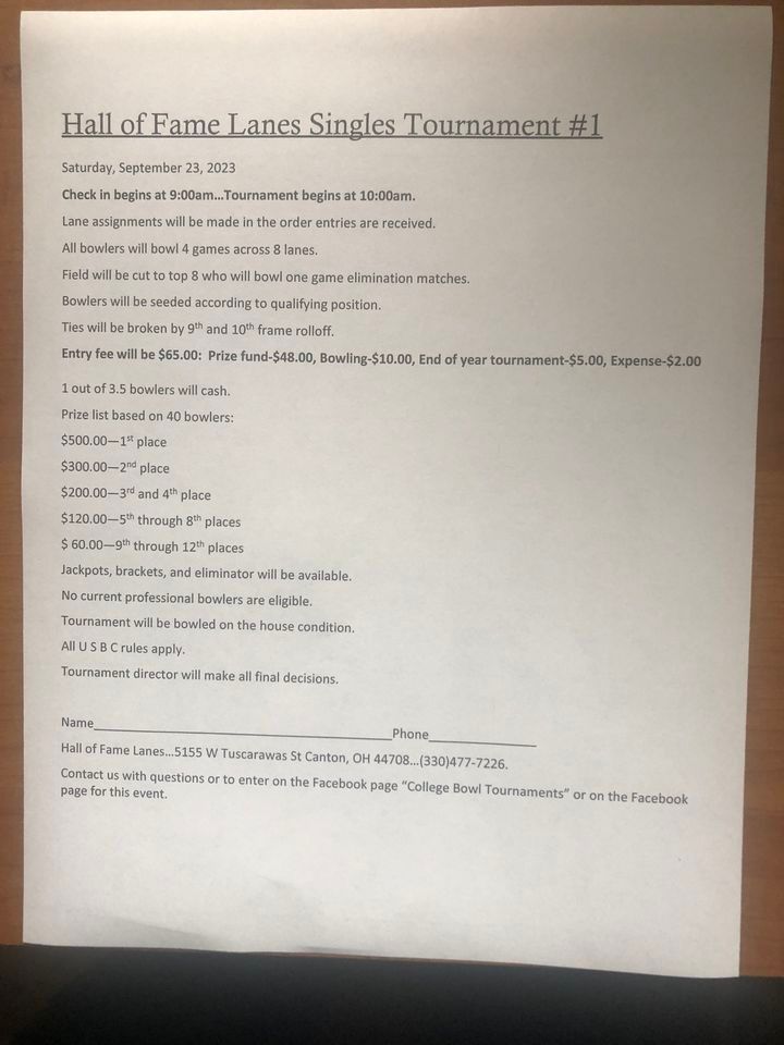 Hall of Fame Lanes Singles Tournament 1, AMF Bowling Co. (Hall of Fame