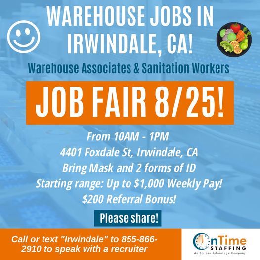 Warehouse Jobs Hiring Event in Irwindale, CA!, 4401 Foxdale St, Baldwin