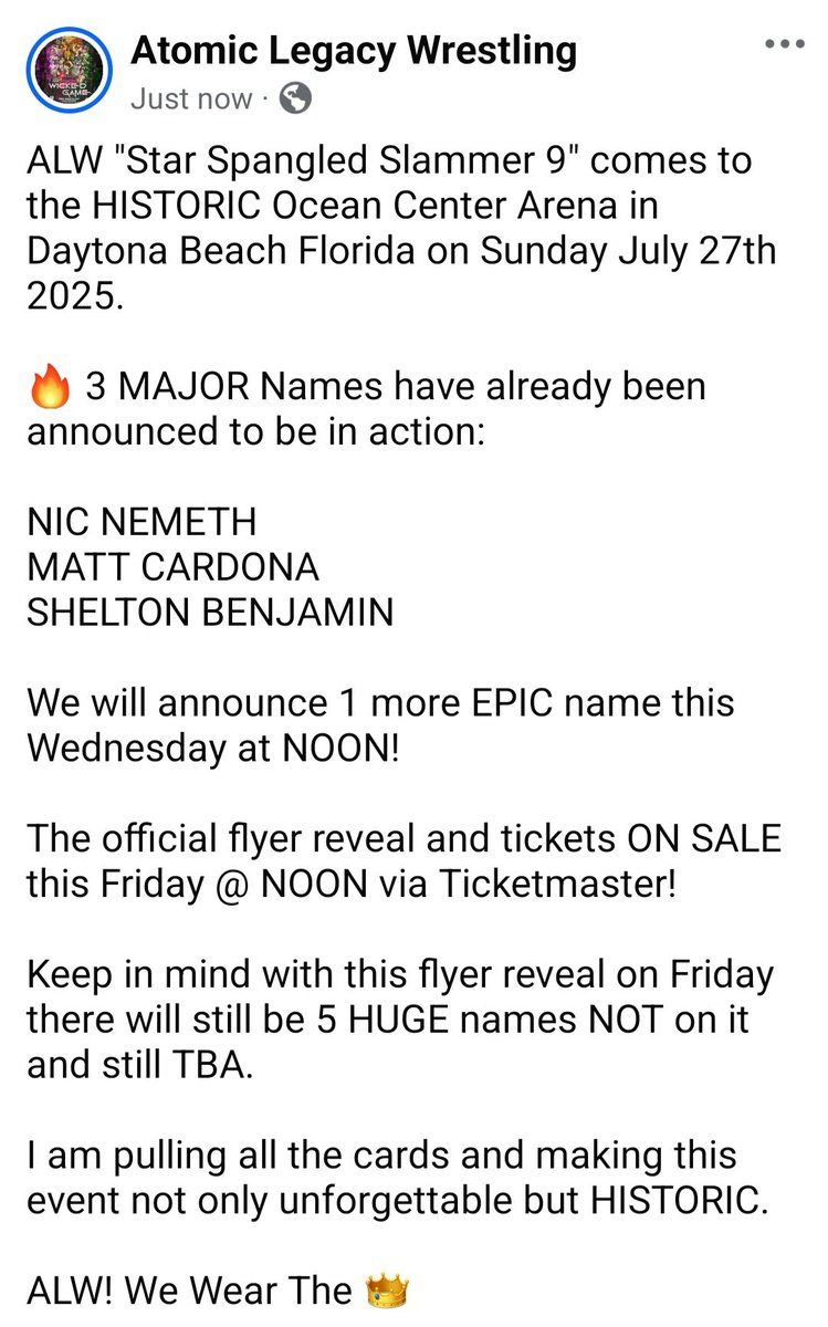 Atomic Legacy Wrestling - Star Spangled Slammer 9 at Daytona Beach Ocean Center, 27 July | Event in Daytona Beach