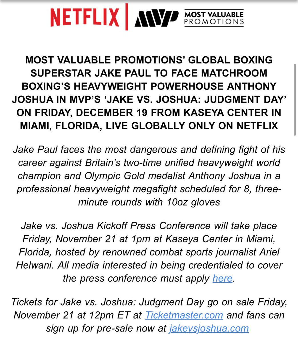 MVP: Most Valuable Promotions - Jake Paul vs Anthony Joshua at Kaseya Center, 19 December | Event in Miami