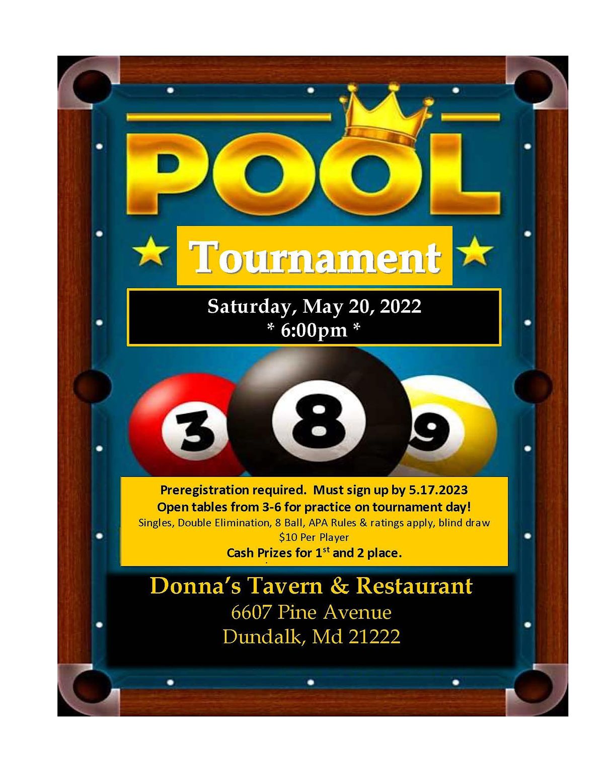 8 Ball Pool Tournament, Donna's Tavern & Restaurant, Dundalk, May 20