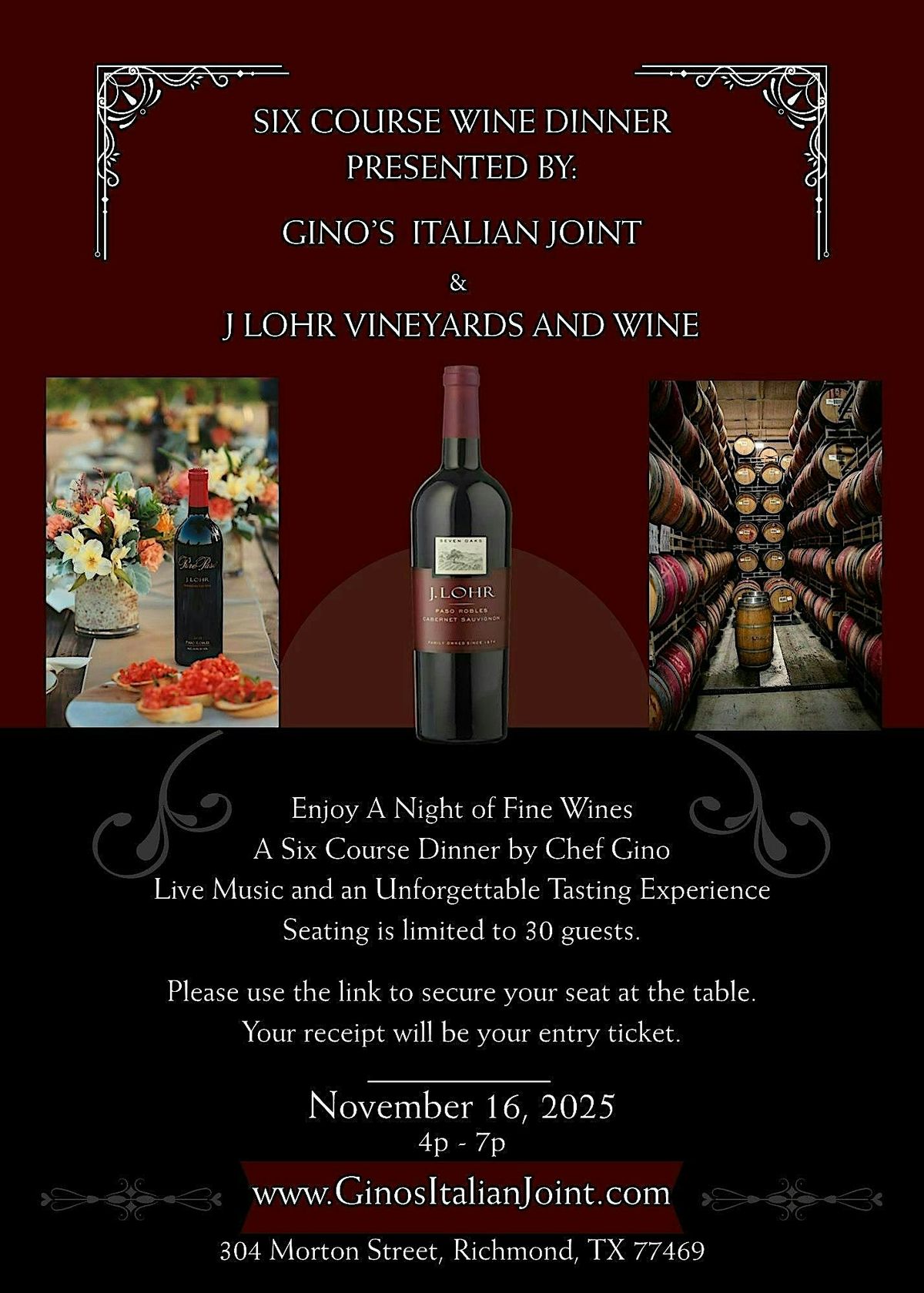 Wine Pairing and Dinner Presented Gino's Italian Joint & J Lohr Vineyards | Event in Richmond | AllEvents