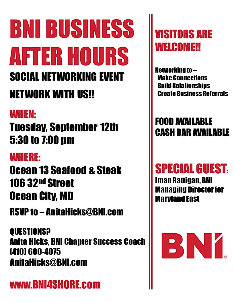 BNI Social After Hours, Ocean 13, Ocean City, 12 September 2023
