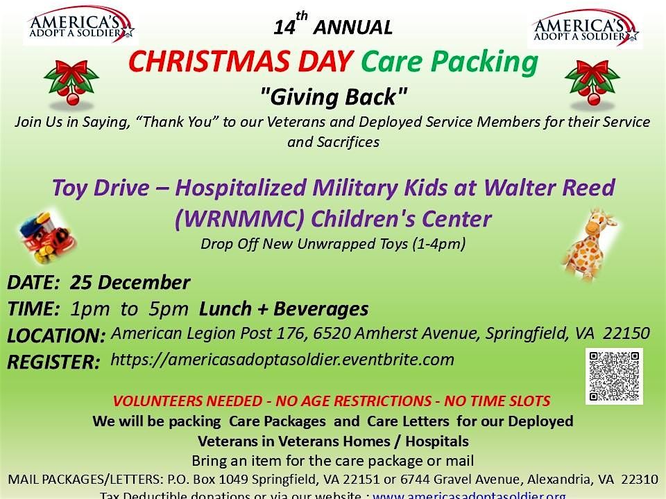 15 th Annual Christmas Day  Care Packing for our Deployed & Toy Drive, 25 December | Event in Springfield