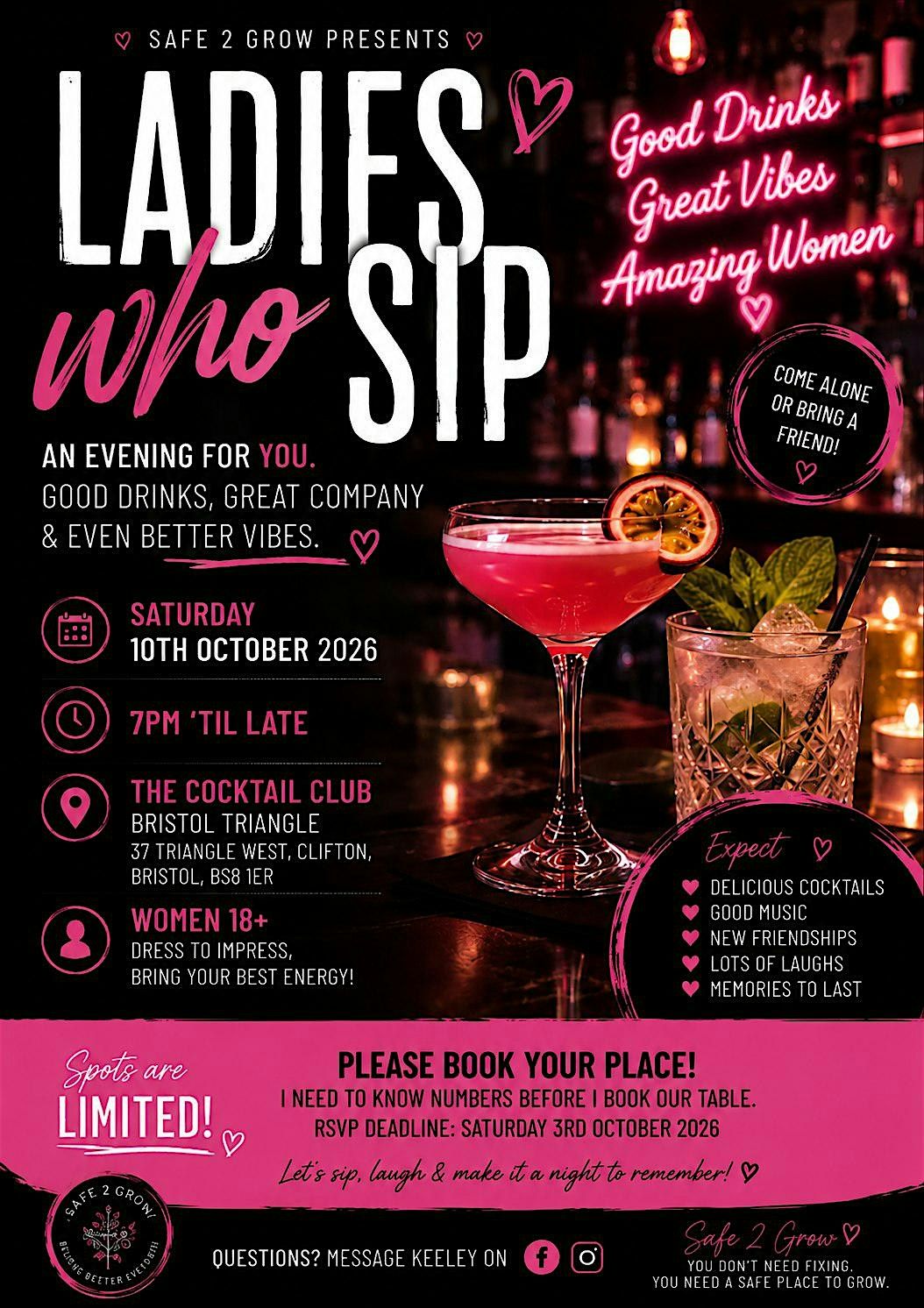 Ladies Who Sip | A Safe 2 Grow Ladies Night, The Cocktail Club ...
