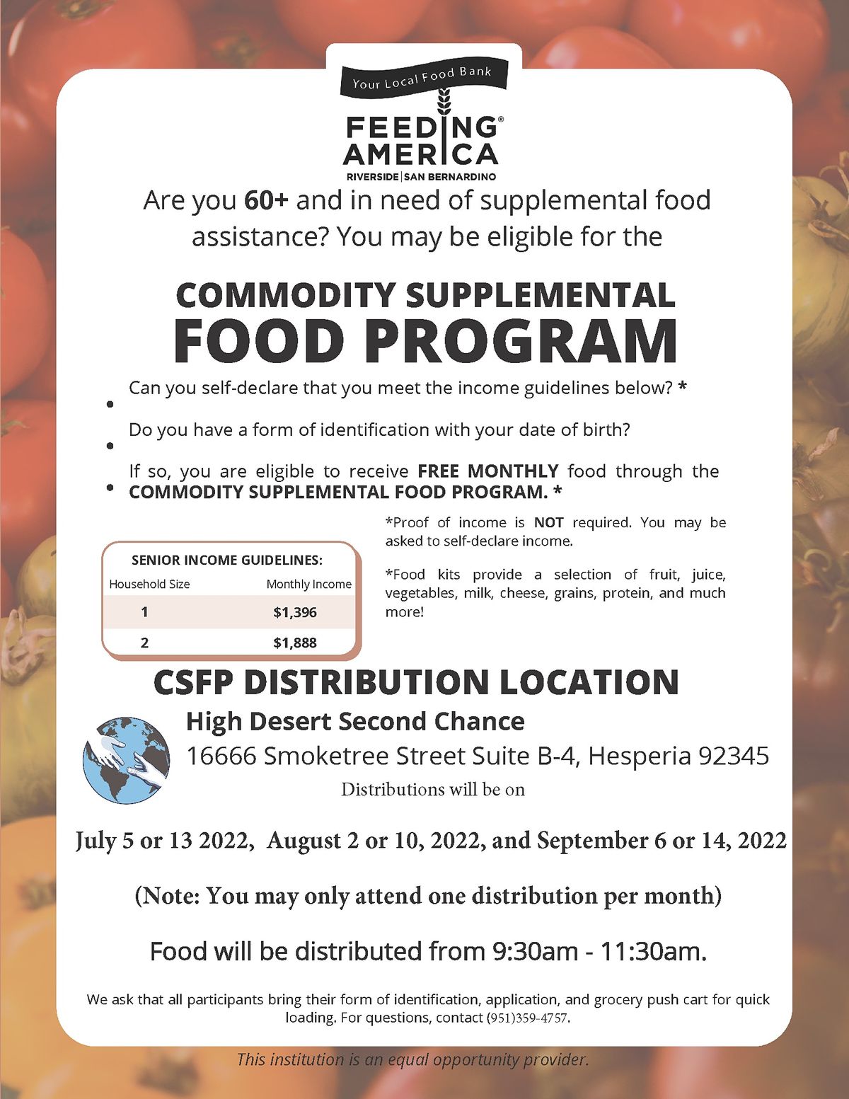 FREE MONTHLY food for Seniors 60+ at High Desert Second Chance, High