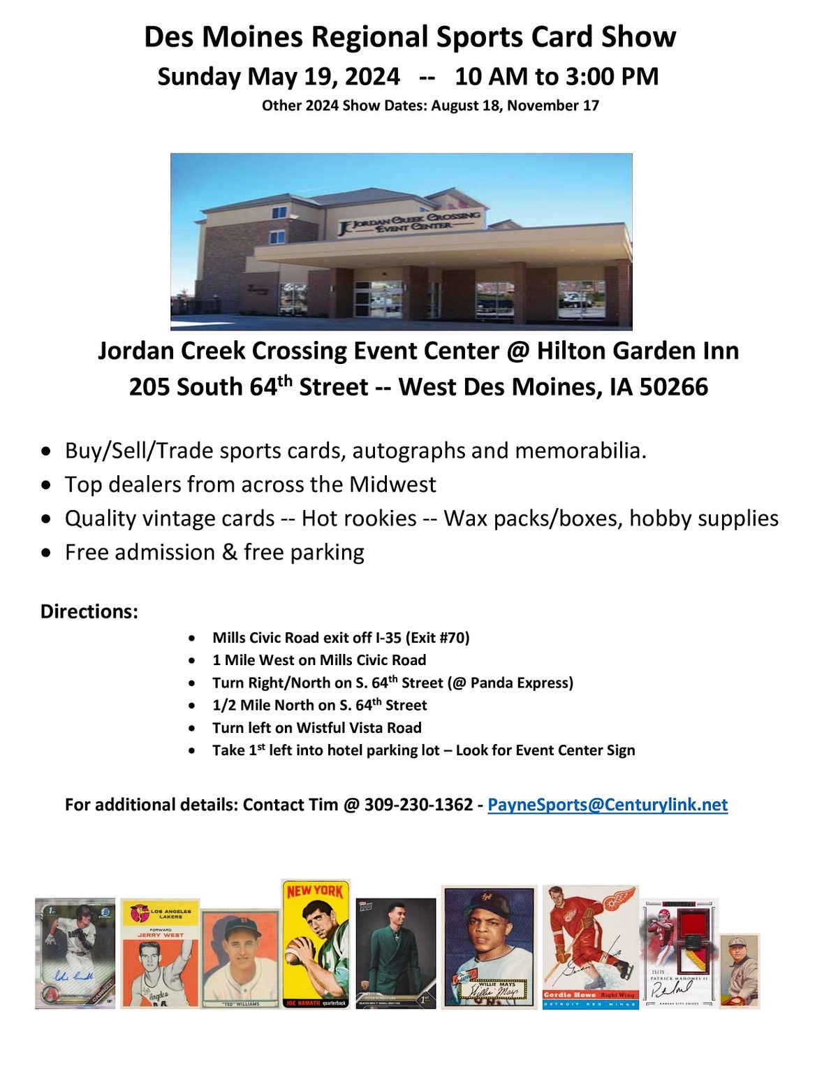 Des Moines Regional Sports Card Show Spring 2024, Hilton Garden Inn West Des Moines, 19 May