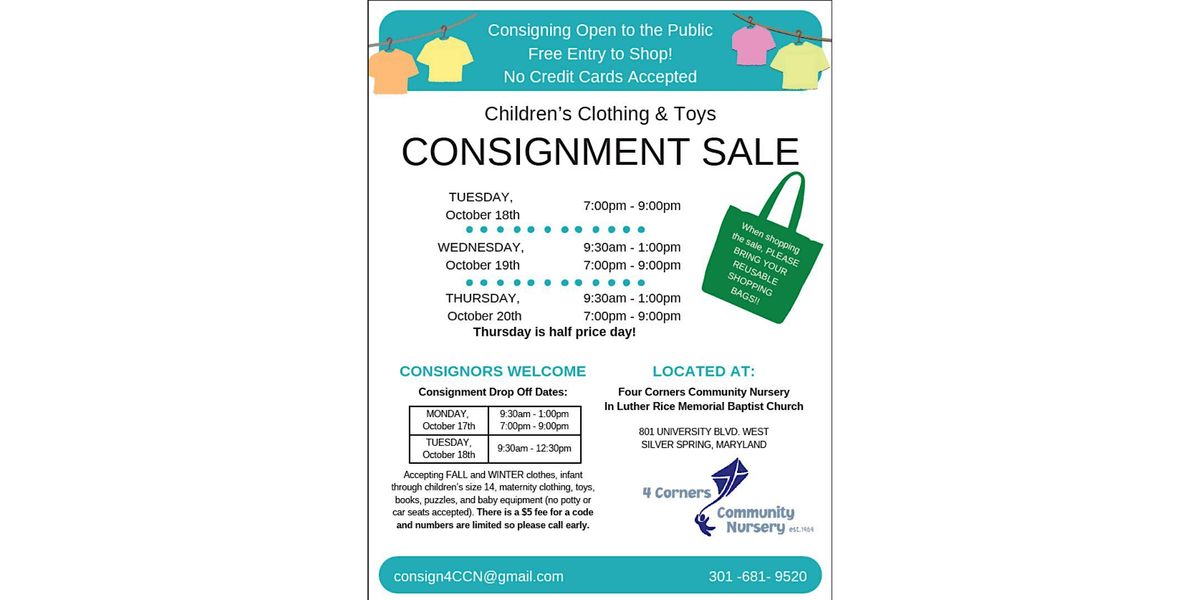 4CCN Childrens Clothing and Toys Fall Consignment Sale, 801 University Blvd W, Silver Spring