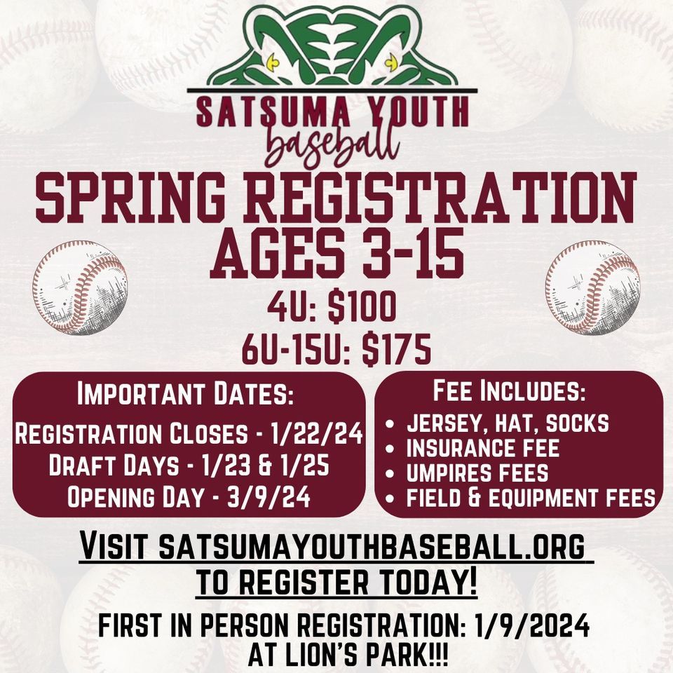Satsuma Youth Baseball Registration, Satsuma Lions Park, January 9 2024