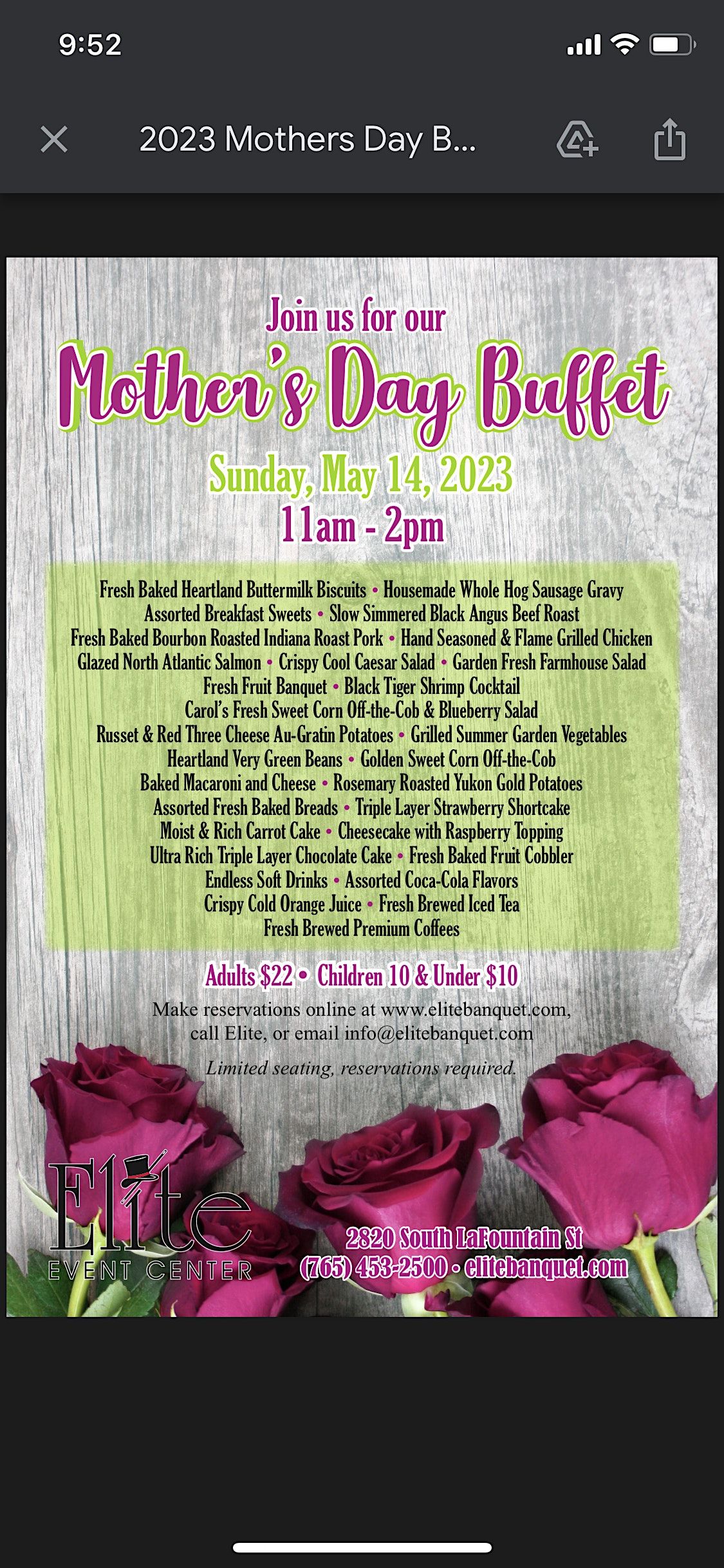 An Elite Mothers Day Buffet, Noon Arrival, Elite Event Center, Kokomo