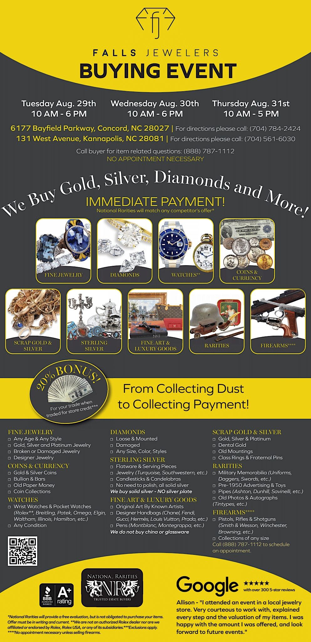 FREE BUYING EVENT FALLS JEWELERS CONCORD, NC, Falls Jewelers Concord